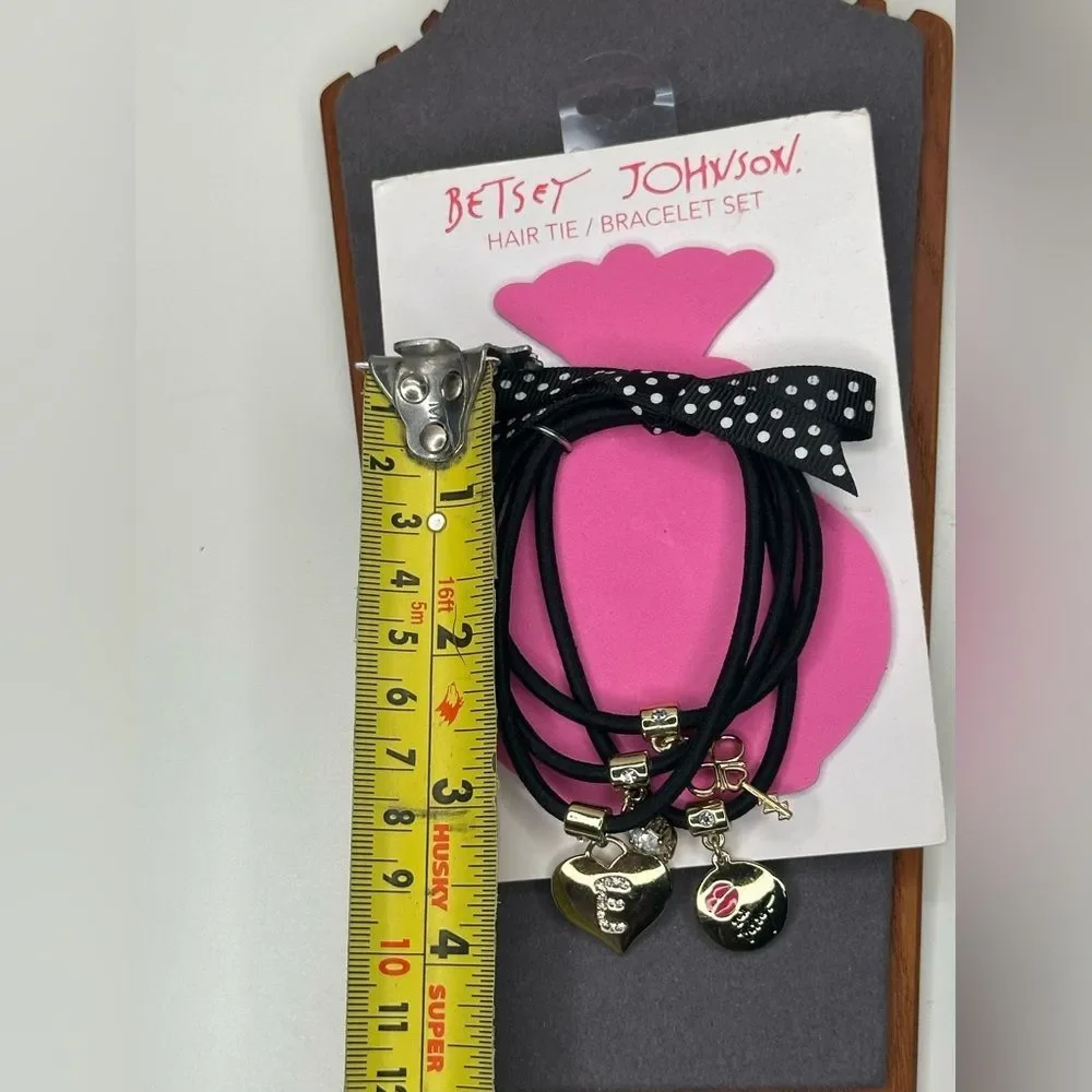 Betsey Johnson Hair Tie Bracelet Set | Black with Gold & Crystal Charms | NWT